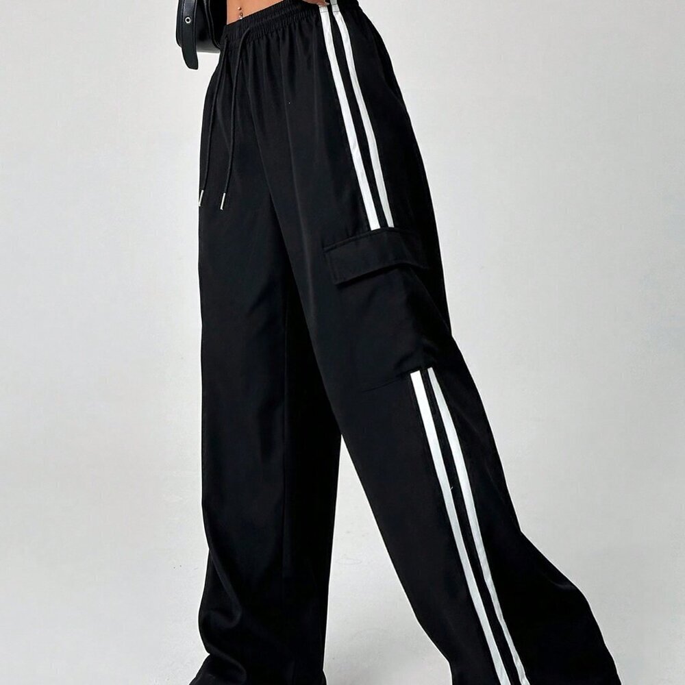 Black Casual Women's Drawstring Waist Striped Side Pocket Pants - Picture 6 of 6